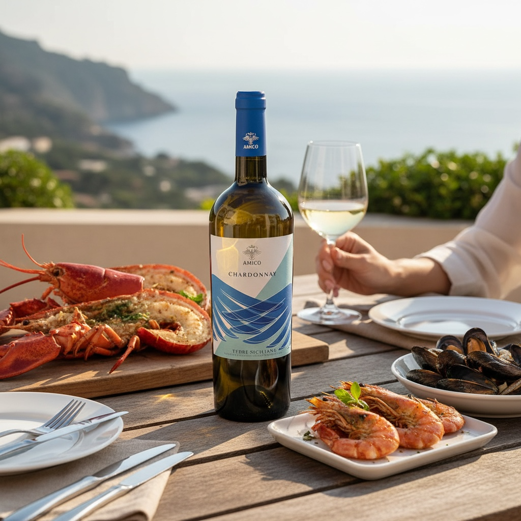 Bottiglia di vino bianco Amico chardonnay terre siciliane
